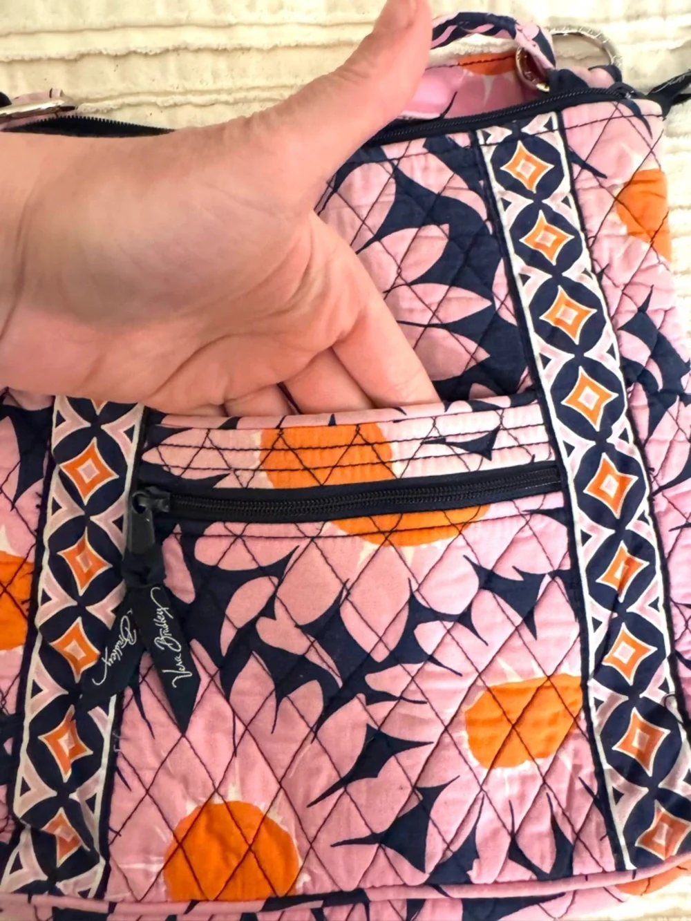 Vera Bradley Loves Me Pink Navy Orange Quilted Crossbody Bag Floral Pattern - Picture 2 of 7